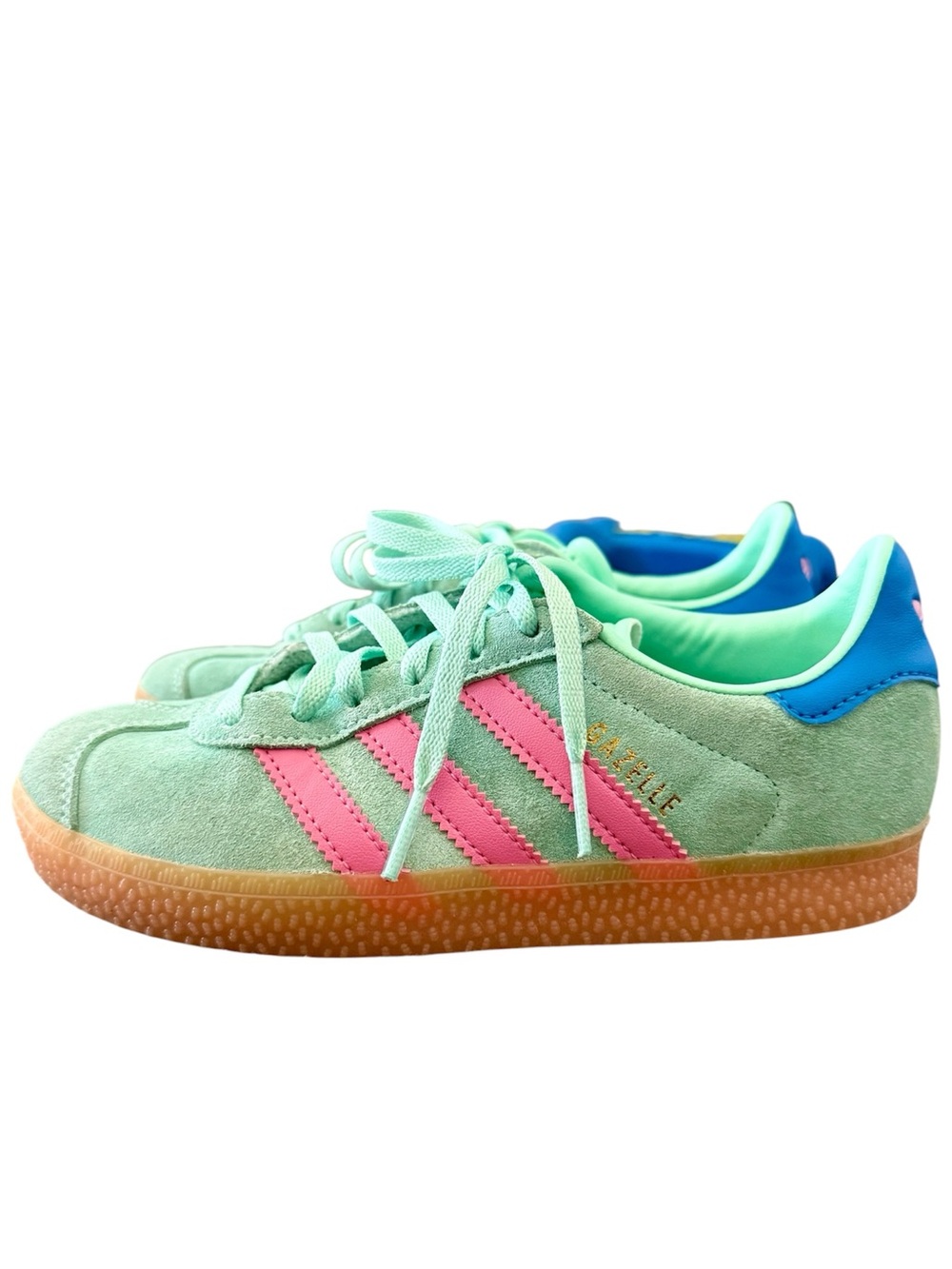 adidas Kids Gazelle Sneakers in Mint Green with Pink Stripes and Blue Heel